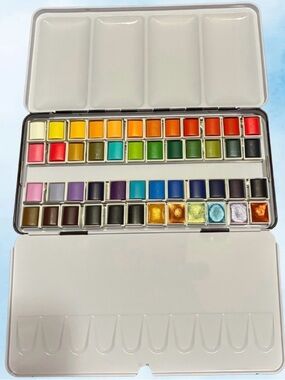 Artist’s 48-Color Watercolor Paint Set - Metal Travel Tin (6 Metallics)